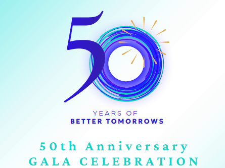 Logo with a large 50 and sunburst, text reads: Years of Better Tomorrows. 50th Anniversary Gala Celebration. Design uses blue and teal colors on a light background.